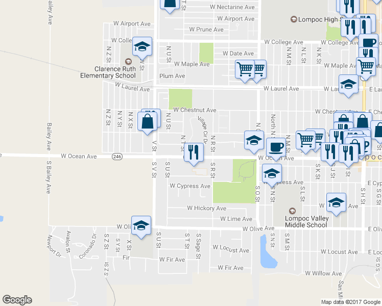 map of restaurants, bars, coffee shops, grocery stores, and more near 47 Village Circle Drive in Lompoc