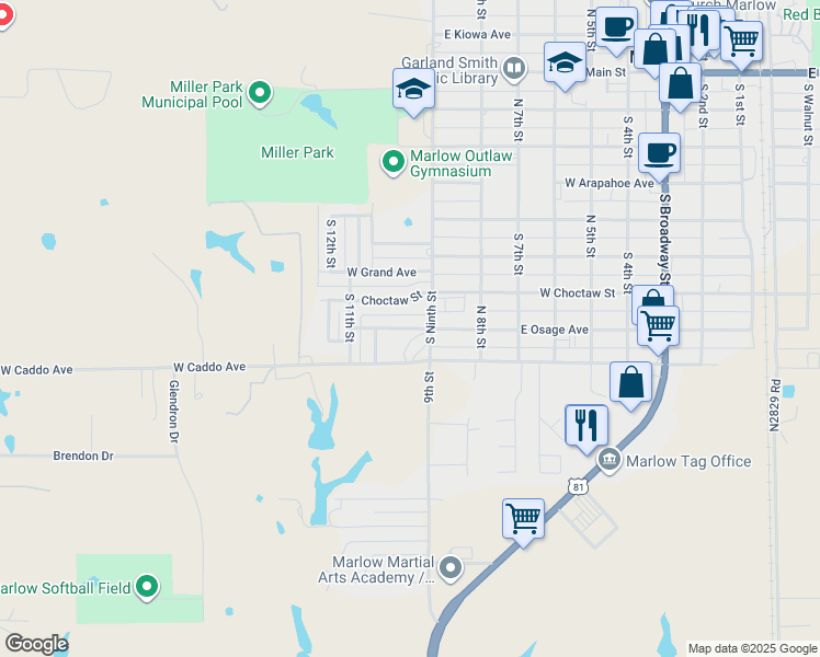map of restaurants, bars, coffee shops, grocery stores, and more near 927 West Osage Avenue in Marlow