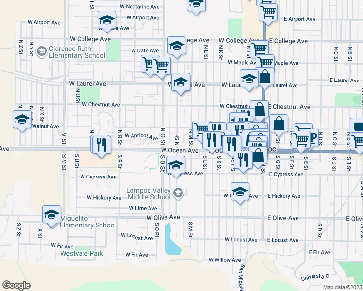 map of restaurants, bars, coffee shops, grocery stores, and more near 613 West Ocean Avenue in Lompoc