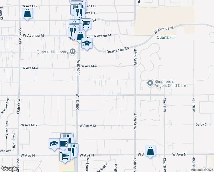 map of restaurants, bars, coffee shops, grocery stores, and more near 41634 47th Street West in Quartz Hill