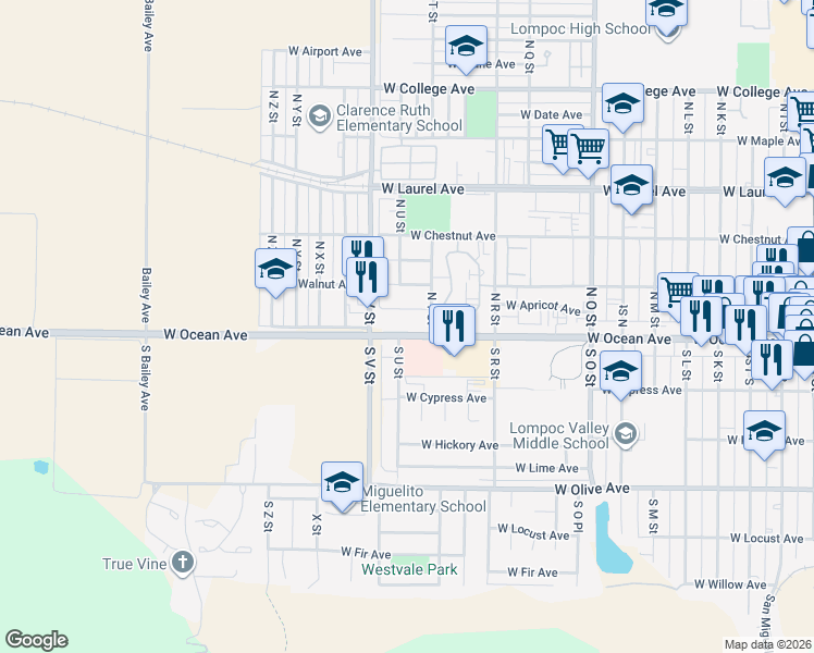 map of restaurants, bars, coffee shops, grocery stores, and more near 1324 West Apricot Avenue in Lompoc