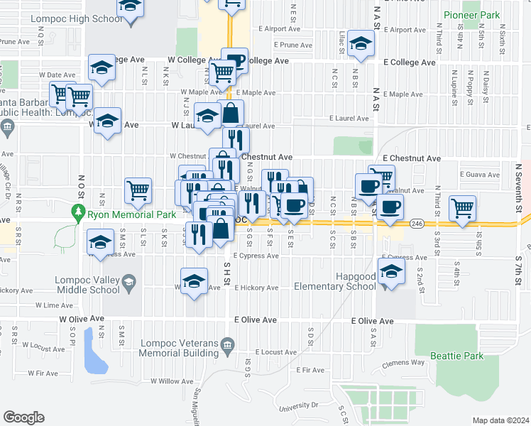map of restaurants, bars, coffee shops, grocery stores, and more near 111 North F Street in Lompoc