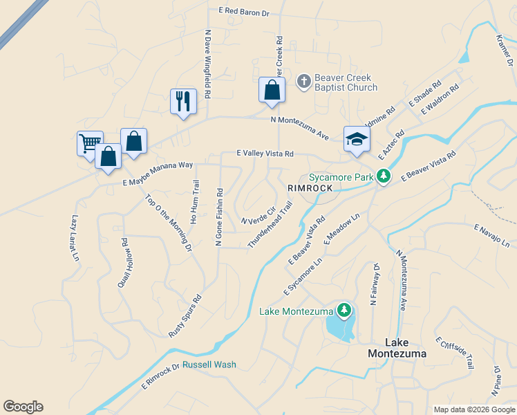 map of restaurants, bars, coffee shops, grocery stores, and more near 3705 Stardust Circle in Lake Montezuma
