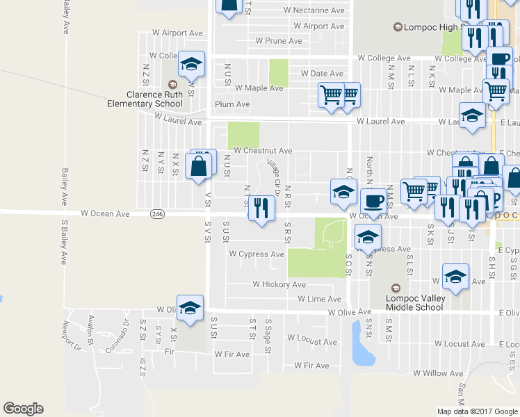 map of restaurants, bars, coffee shops, grocery stores, and more near 45 Village Circle Drive in Lompoc