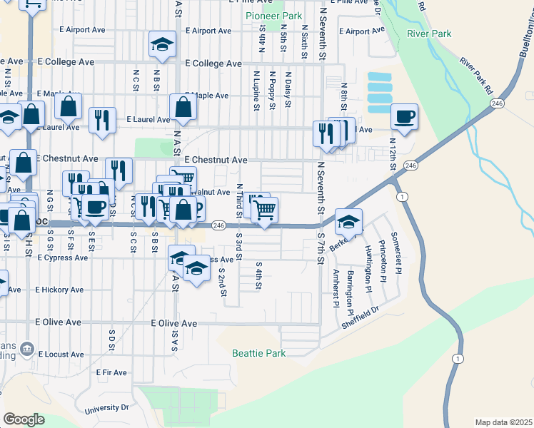 map of restaurants, bars, coffee shops, grocery stores, and more near 1111 East Ocean Avenue in Lompoc