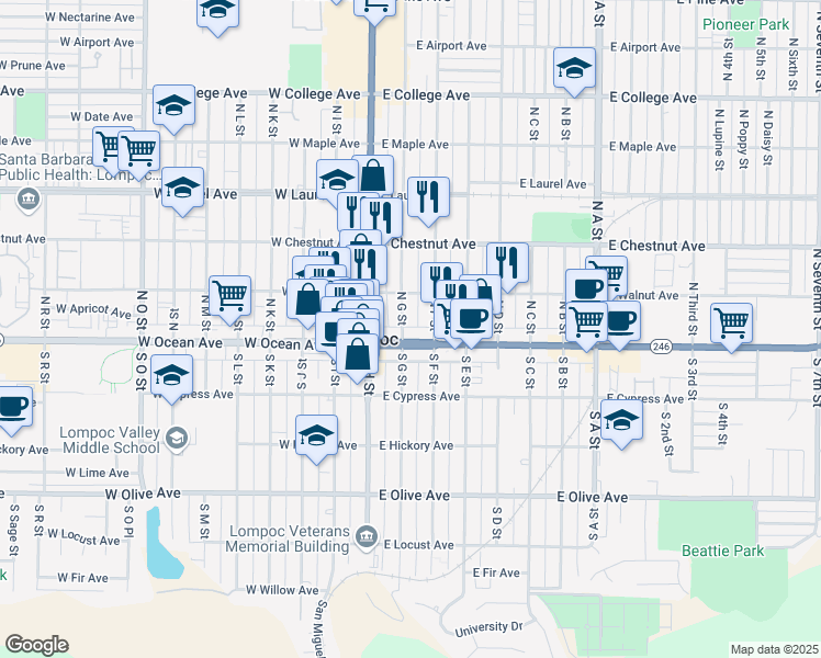 map of restaurants, bars, coffee shops, grocery stores, and more near 203 East Ocean Avenue in Lompoc