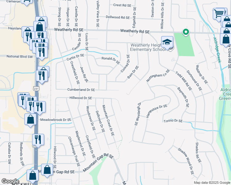 map of restaurants, bars, coffee shops, grocery stores, and more near 412 Cumberland Drive Southeast in Huntsville