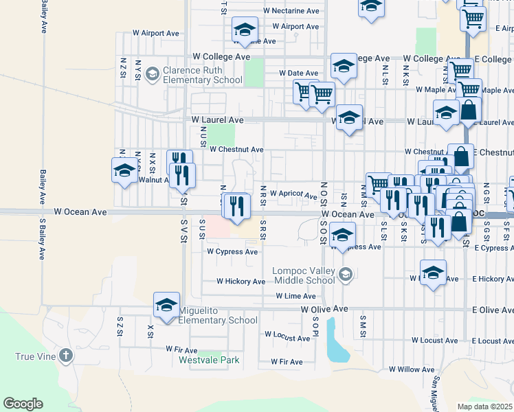 map of restaurants, bars, coffee shops, grocery stores, and more near 1101 West Ocean Avenue in Lompoc