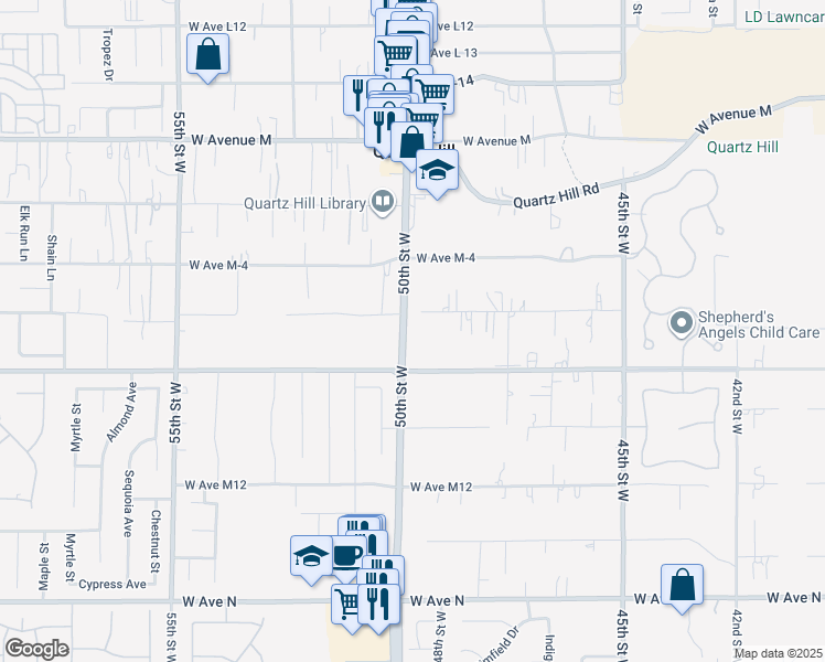 map of restaurants, bars, coffee shops, grocery stores, and more near 41636 50th Street West in Lancaster