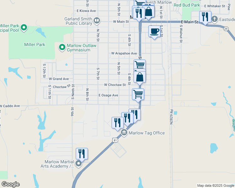 map of restaurants, bars, coffee shops, grocery stores, and more near 413 West Osage Avenue in Marlow