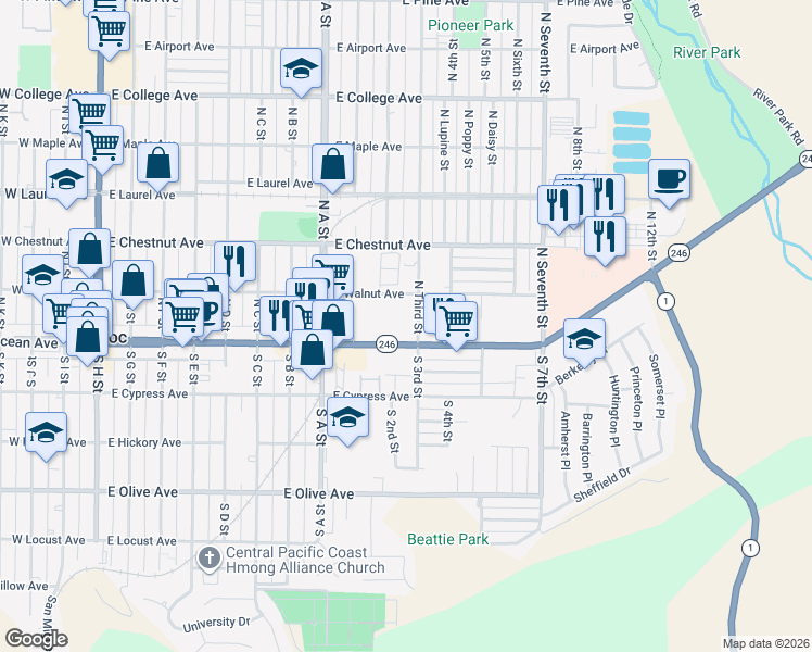 map of restaurants, bars, coffee shops, grocery stores, and more near 111 North Third Street in Lompoc