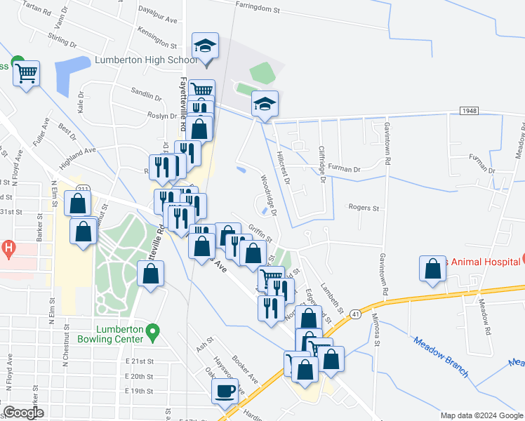 map of restaurants, bars, coffee shops, grocery stores, and more near 1003 Woodridge Drive in Lumberton