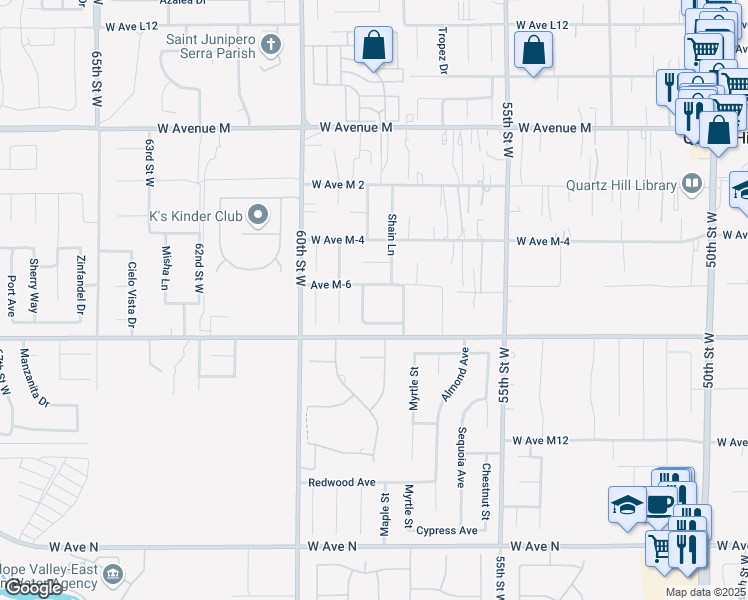 map of restaurants, bars, coffee shops, grocery stores, and more near 41624 Laidlaw Ln in Quartz Hill