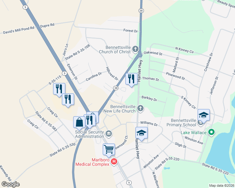 map of restaurants, bars, coffee shops, grocery stores, and more near 901 Oakwood Street in Bennettsville