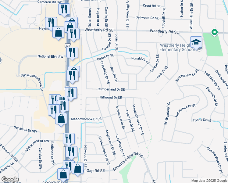 map of restaurants, bars, coffee shops, grocery stores, and more near 310 Cumberland Drive Southeast in Huntsville