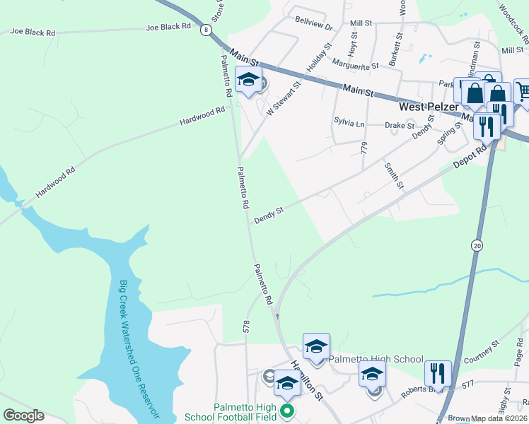 map of restaurants, bars, coffee shops, grocery stores, and more near in West Pelzer