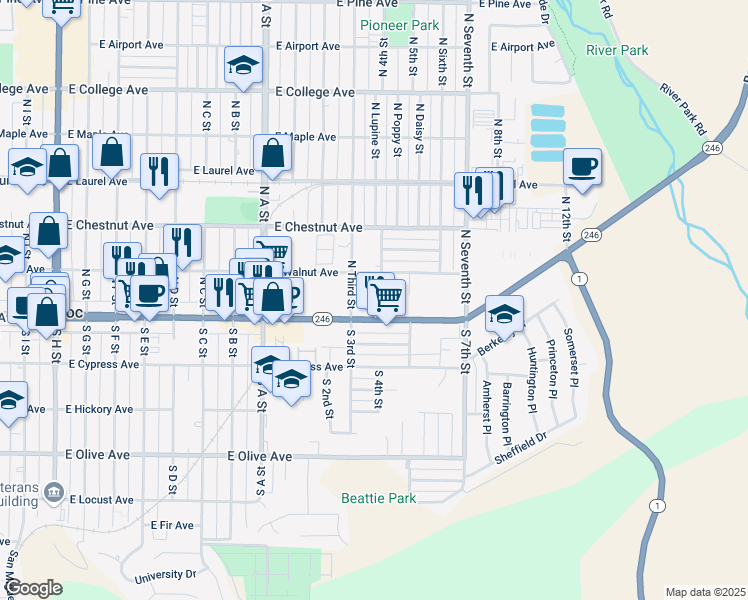 map of restaurants, bars, coffee shops, grocery stores, and more near 1111 E Ocean Ave in Lompoc