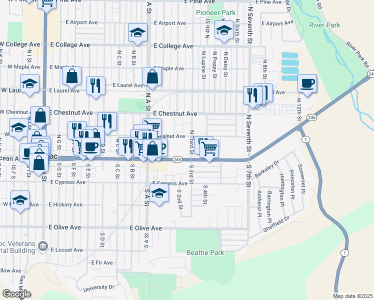 map of restaurants, bars, coffee shops, grocery stores, and more near 111 North Third Street in Lompoc