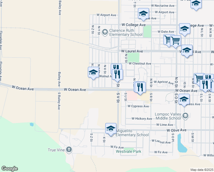 map of restaurants, bars, coffee shops, grocery stores, and more near 100 North X Street in Lompoc