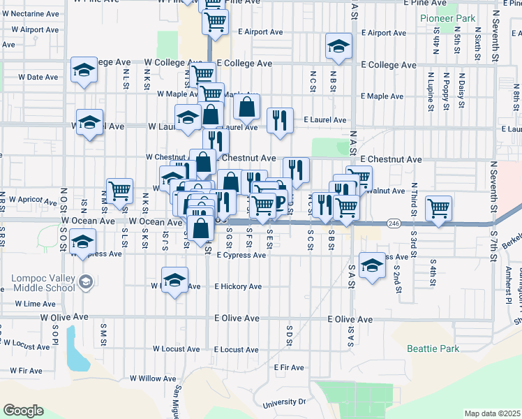 map of restaurants, bars, coffee shops, grocery stores, and more near 117 1/2 North E Street in Lompoc