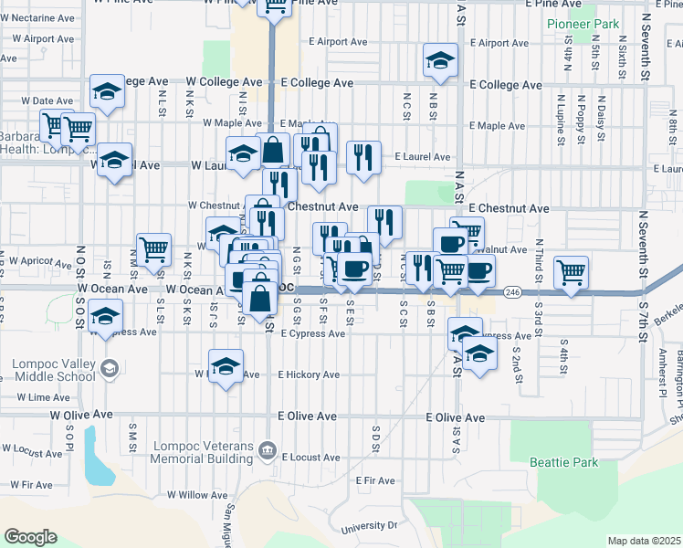 map of restaurants, bars, coffee shops, grocery stores, and more near 117 1/2 North E Street in Lompoc