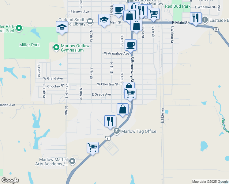 map of restaurants, bars, coffee shops, grocery stores, and more near 413 West Osage Avenue in Marlow