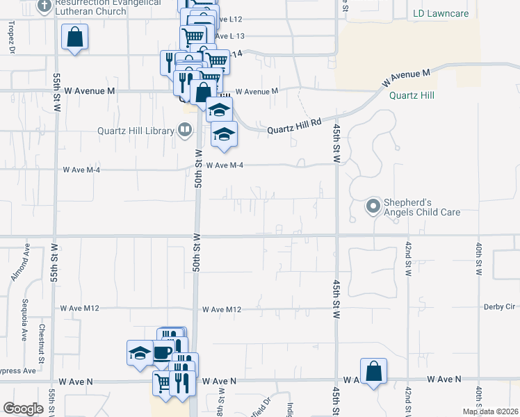 map of restaurants, bars, coffee shops, grocery stores, and more near 41643 47th Street West in Lancaster