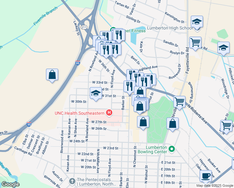 map of restaurants, bars, coffee shops, grocery stores, and more near 204 West 31st Street in Lumberton
