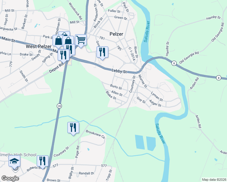map of restaurants, bars, coffee shops, grocery stores, and more near 13 Allen Street in Pelzer