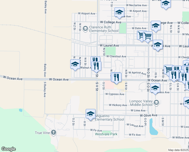 map of restaurants, bars, coffee shops, grocery stores, and more near 1501 West Ocean Way in Lompoc