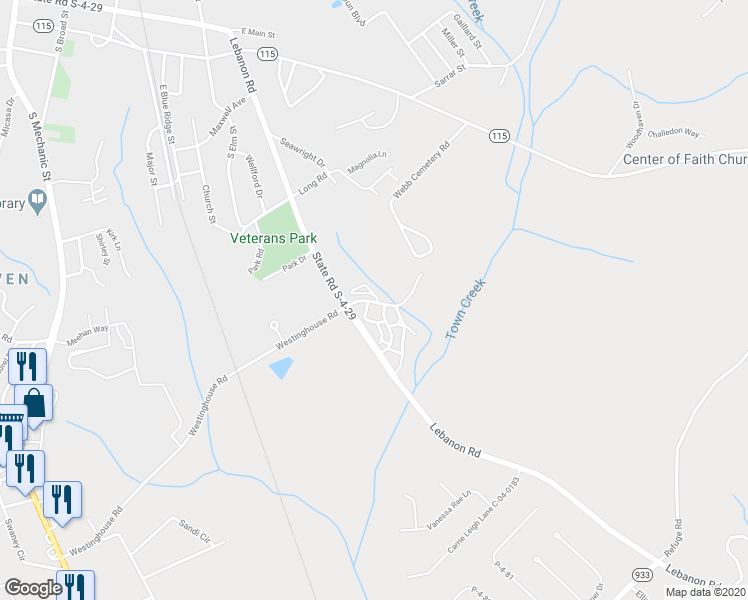 map of restaurants, bars, coffee shops, grocery stores, and more near 11 Town Creek Boulevard in Pendleton