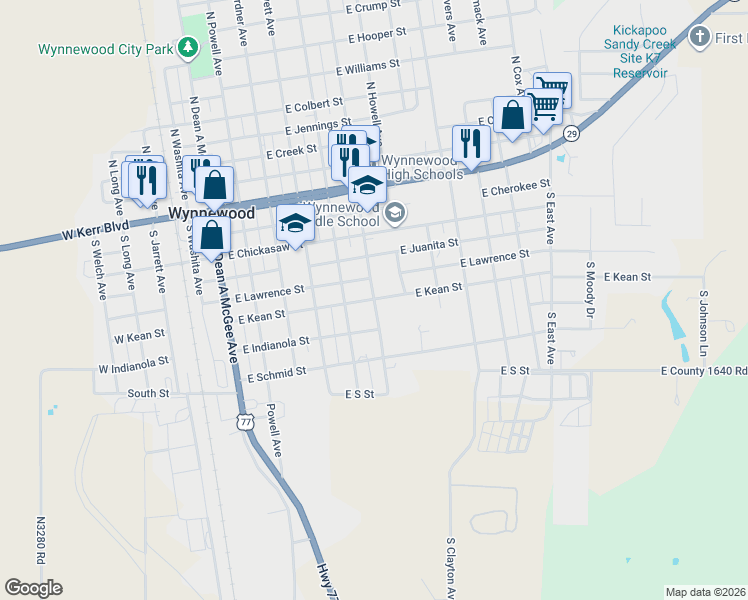 map of restaurants, bars, coffee shops, grocery stores, and more near S Carr Ave in Wynnewood