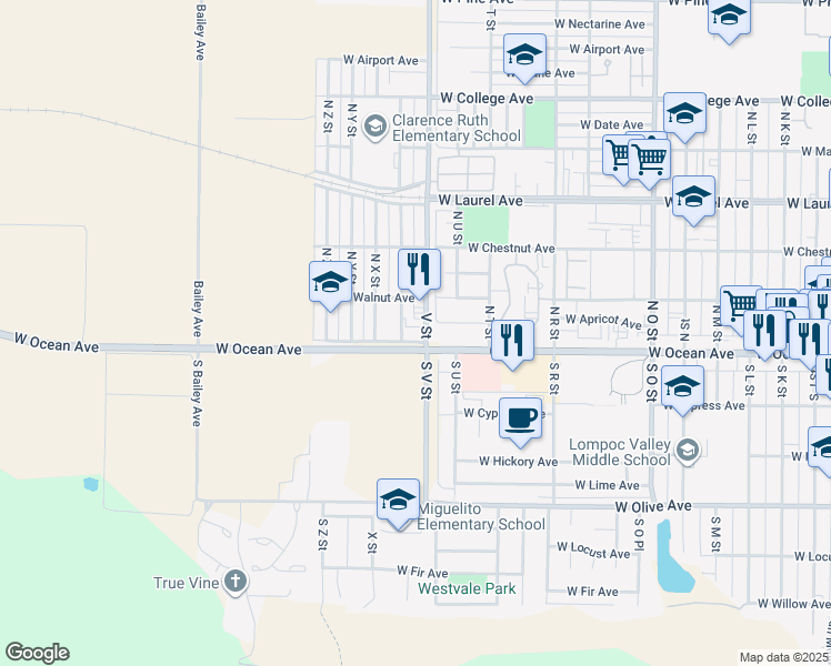 map of restaurants, bars, coffee shops, grocery stores, and more near 1501 West Ocean Way in Lompoc