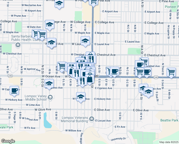 map of restaurants, bars, coffee shops, grocery stores, and more near 106 North I Street in Lompoc