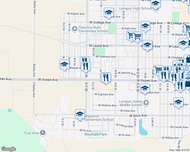 map of restaurants, bars, coffee shops, grocery stores, and more near 1324 West Apricot Avenue in Lompoc