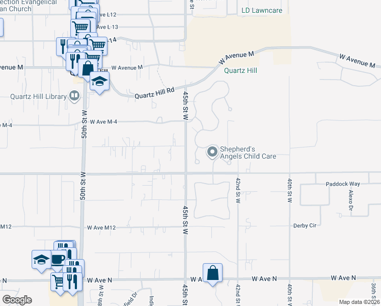 map of restaurants, bars, coffee shops, grocery stores, and more near 41647 Palermo Court in Lancaster