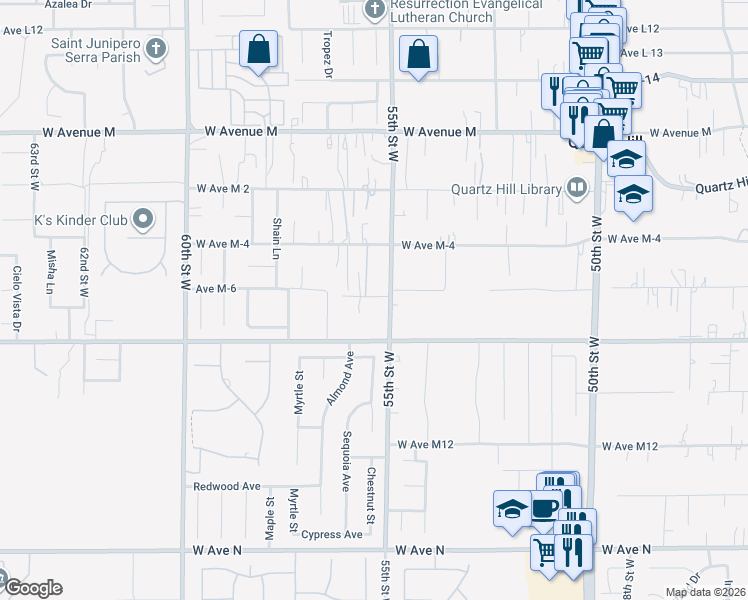 map of restaurants, bars, coffee shops, grocery stores, and more near 5329 West Avenue M8 in Lancaster