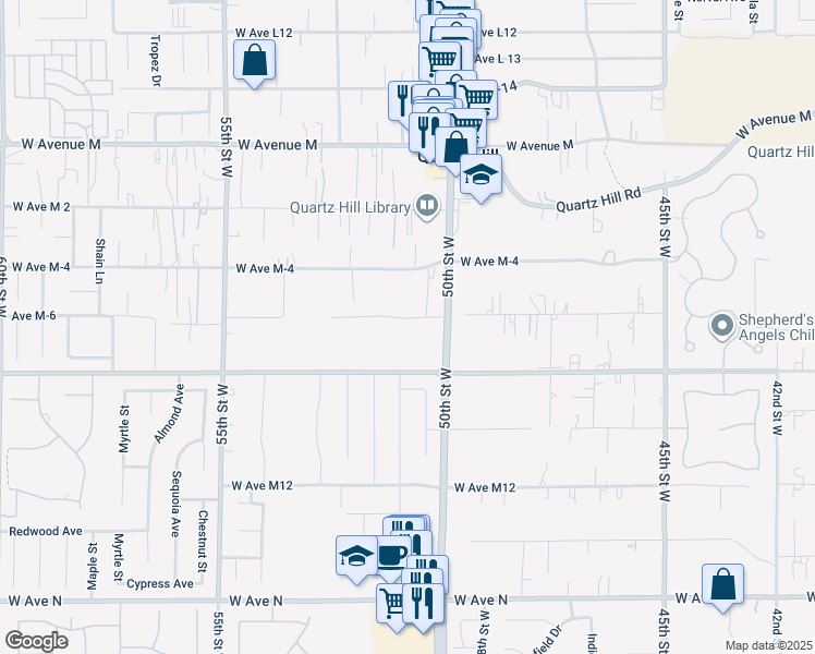 map of restaurants, bars, coffee shops, grocery stores, and more near 5037 West Avenue M8 in Lancaster