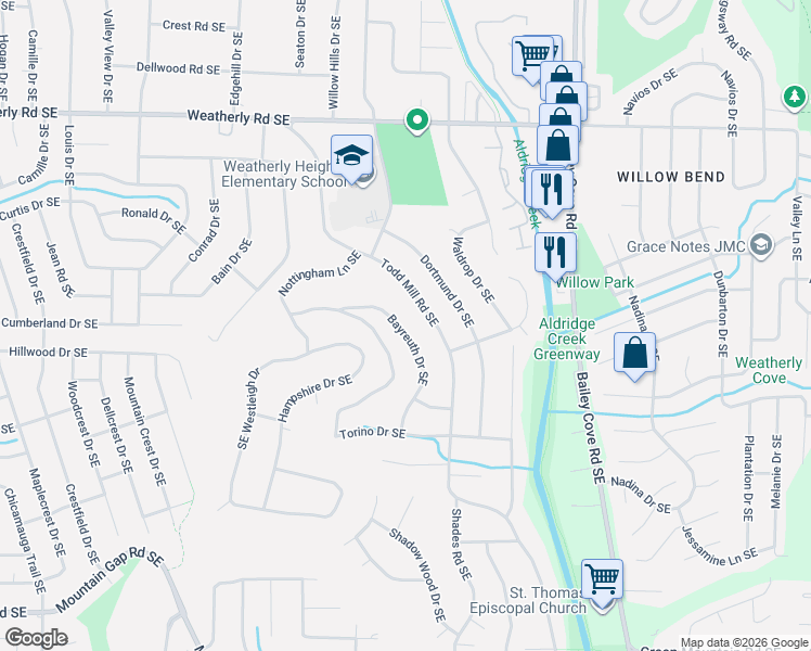 map of restaurants, bars, coffee shops, grocery stores, and more near 10017 Torino Drive Southeast in Huntsville