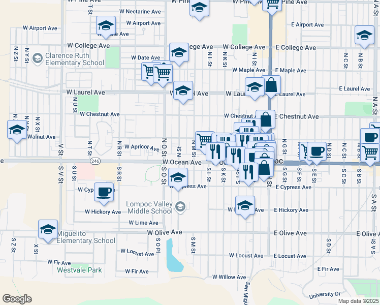 map of restaurants, bars, coffee shops, grocery stores, and more near 111 North M Street in Lompoc