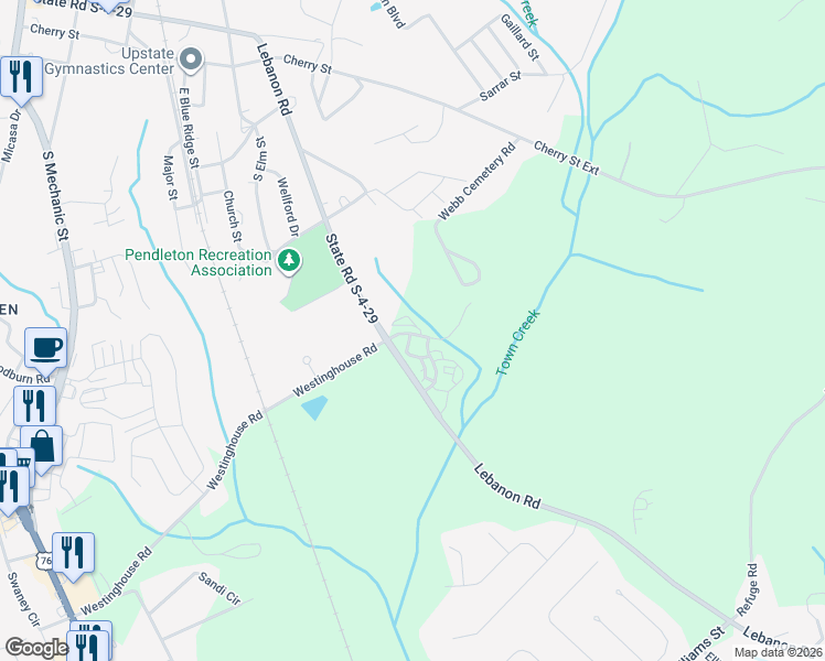 map of restaurants, bars, coffee shops, grocery stores, and more near 15 Town Creek Boulevard in Pendleton