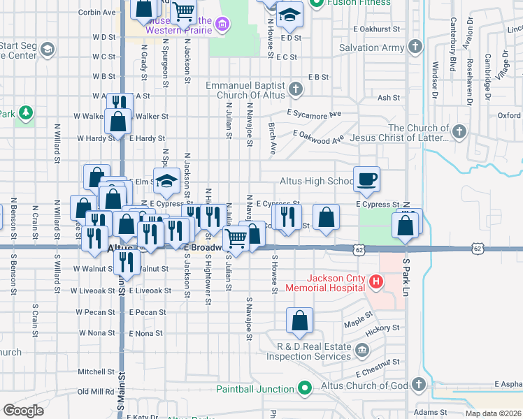 map of restaurants, bars, coffee shops, grocery stores, and more near 712 East Cypress Street in Altus