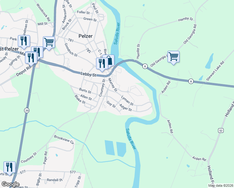 map of restaurants, bars, coffee shops, grocery stores, and more near 11 Lyman Street in Pelzer