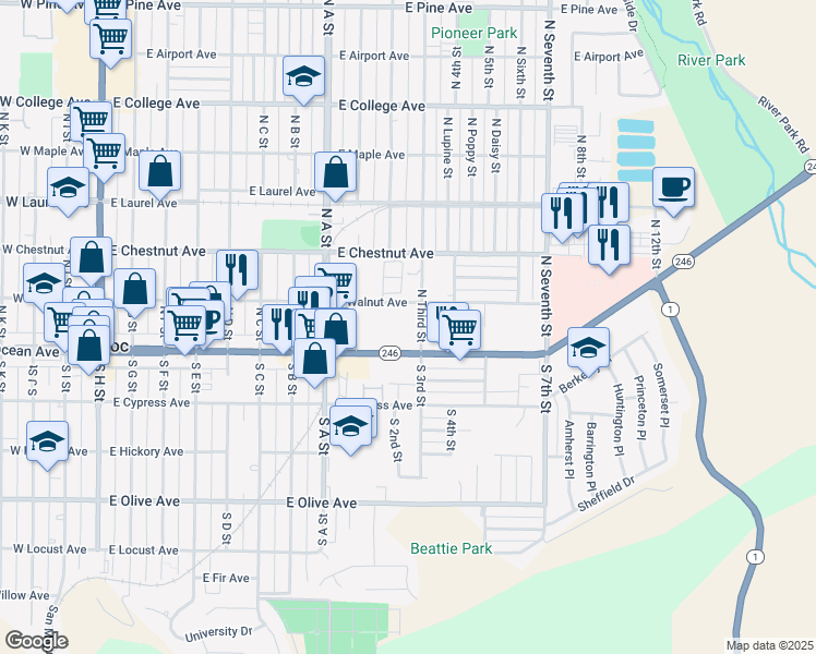 map of restaurants, bars, coffee shops, grocery stores, and more near 1034 East Walnut Avenue in Lompoc