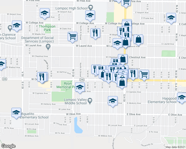 map of restaurants, bars, coffee shops, grocery stores, and more near 117 North L Street in Lompoc
