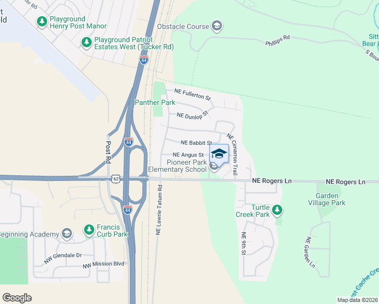 map of restaurants, bars, coffee shops, grocery stores, and more near 305 Northeast Angus Street in Lawton