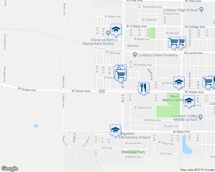 map of restaurants, bars, coffee shops, grocery stores, and more near 105 North X Street in Lompoc