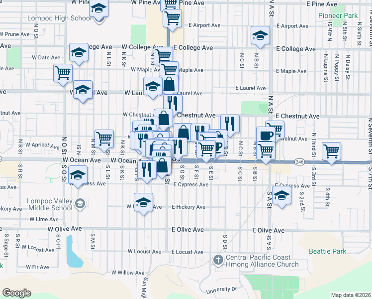 map of restaurants, bars, coffee shops, grocery stores, and more near 203 East Ocean Avenue in Lompoc