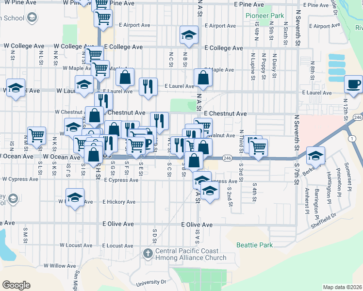 map of restaurants, bars, coffee shops, grocery stores, and more near 118 North B Street in Lompoc