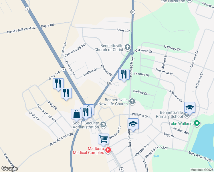 map of restaurants, bars, coffee shops, grocery stores, and more near 901 Oakwood Street in Bennettsville